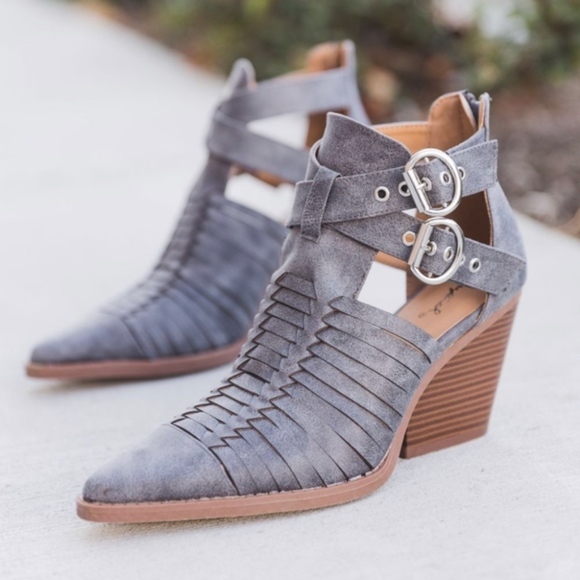 Shoes - Distressed strapped pointed toe Buckle Bootie